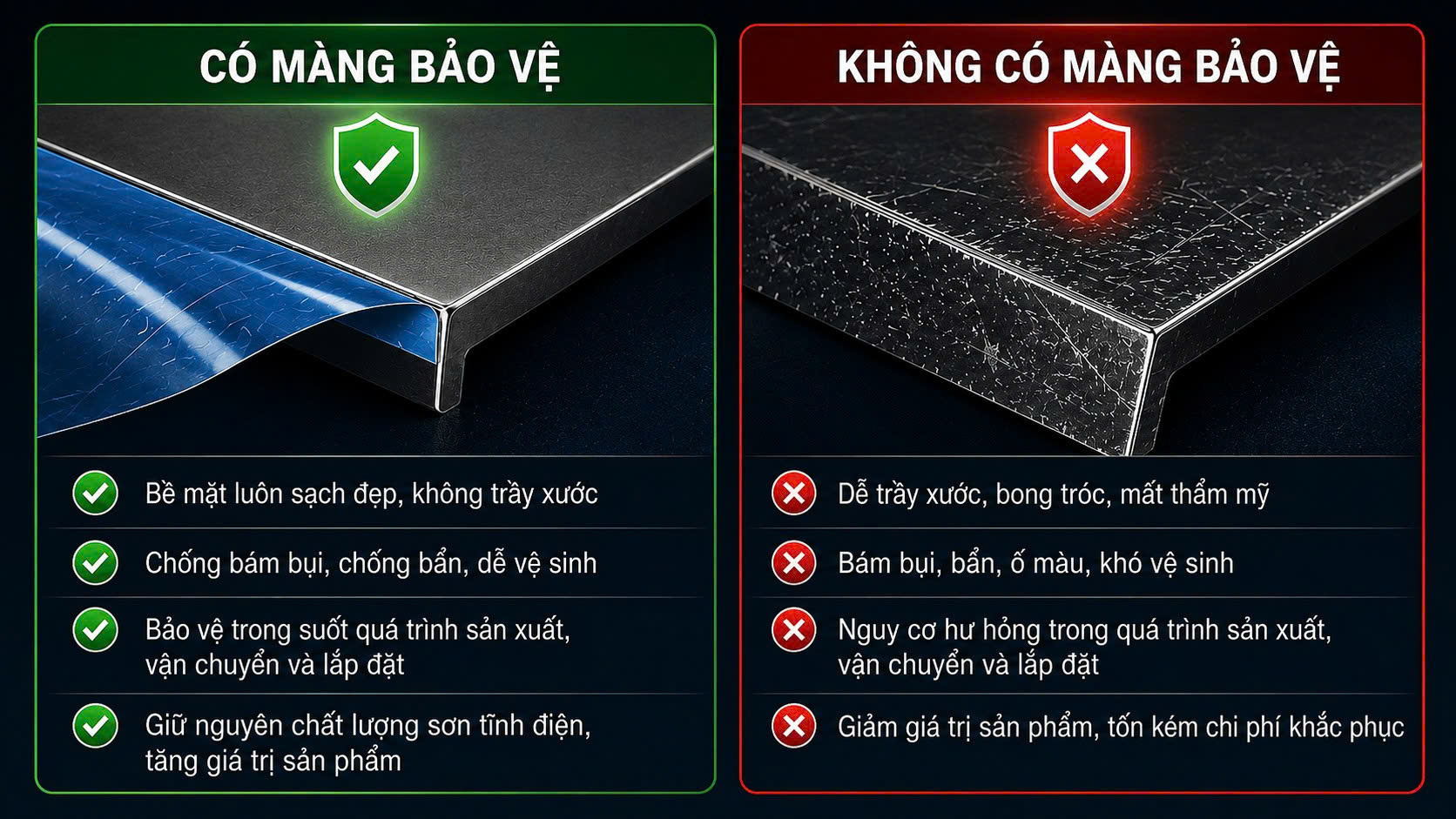 So sánh nhôm có và không có màng bảo vệ nhôm sơn tĩnh điện