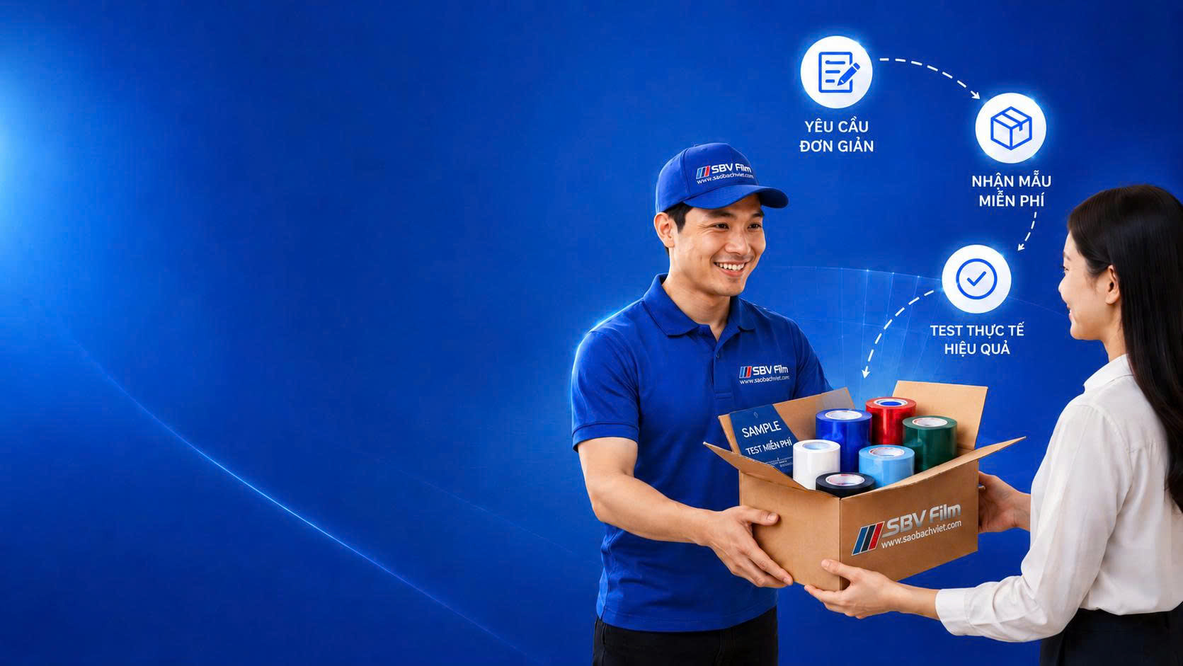 Nhân viên SBV Film giao hộp mẫu màng bảo vệ bề mặt miễn phí cho khách hàng